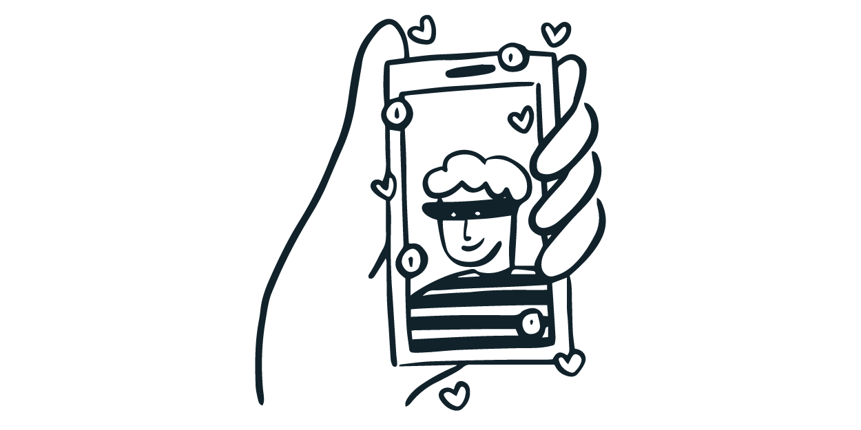 Minimalist line drawing of a hand holding a smartphone showing a smiling person with short hair and sunglasses, surrounded by small hearts, depicting a Romance Scam.